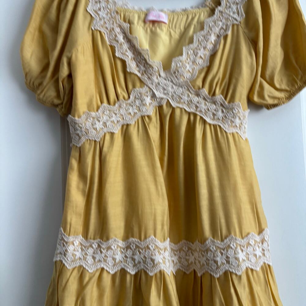 Pink Lily Savor This Feeling S Babydoll Mustard Lace Mini Dress Prairie Tiered - Picture 5 of 13
